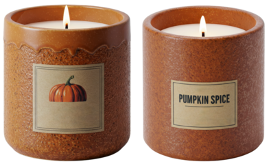 Pumpkin spice scented candles in decorative orange holders, featuring a pumpkin illustration on one and a label on the other, isolated on transparent background