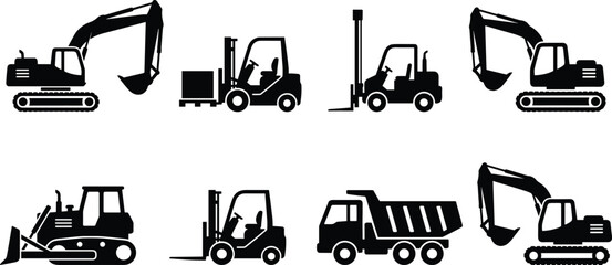 Heavy construction machinery silhouettes set featuring excavators, forklifts, bulldozer, and dump truck icons for industrial, building, and logistics design projects © MstAfzalun