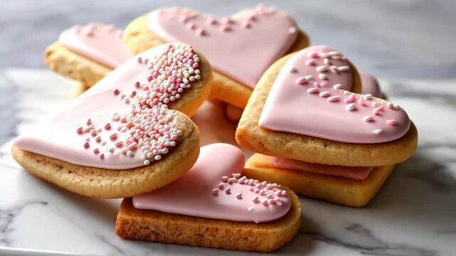 Pink heart cookies with sprinkles stacked on a marble surface makes a sweet treat