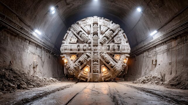 Tunnel boring machine at work in a subterranean tunnel.