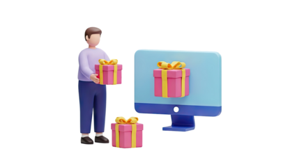 3D Illustration: Person with Gifts and Computer