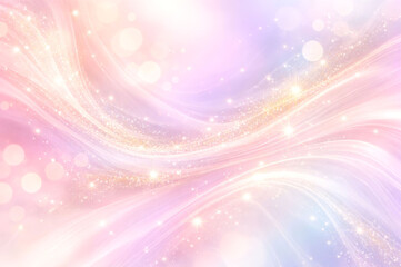Background of a wavy holographic and abstract design with pastel colors and sparkles, glitters and bokeh