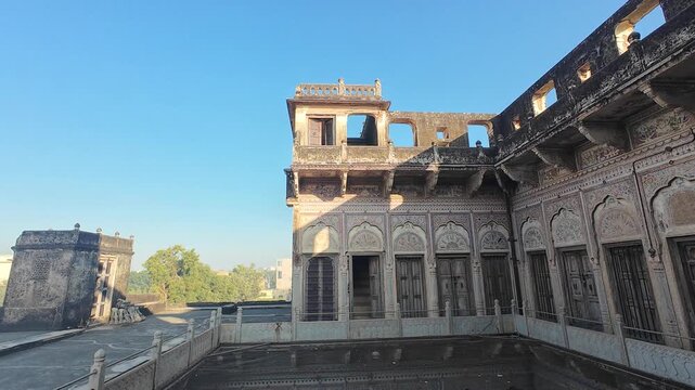 Detailed View of Medieval Period Haveli Interior Walls with Ornate Fresco Murals and Traditional Patterns, Nawalgarh Rajasthan, India