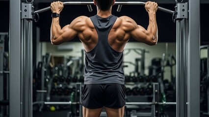 Muscular man doing pullups in a gym with various equipment