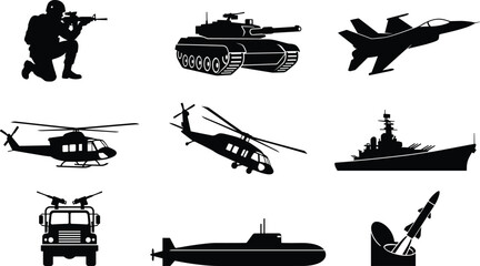 Military vehicles, army aircraft, combat helicopter, war tank, missile launcher, navy battleship, submarine silhouette, tactical soldier illustration, modern warfare equipment icons © MstAfzalun