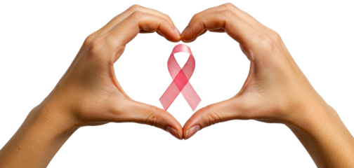 Hands forming heart shape with pink ribbon symbolizing breast cancer awareness isolated on transparent background