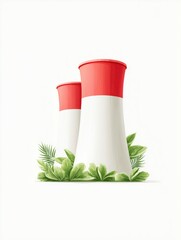 Stylized illustration of two red and white cooling towers emerging from vibrant foliage on white, ideal for themes of clean energy, sustainability, and modern industrial design.
