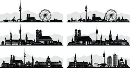 Fototapeta premium Munich Germany city skyline silhouette set with famous landmarks, European urban architecture travel icons, black vector panorama on white background,