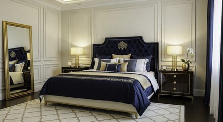 Luxurious Dark Blue and Gold Bedroom with Tufted Velvet Headboard, Elegant Nightstands, and Ornate Decor