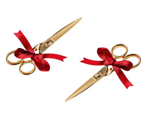 Golden scissors with red ribbon bows isolated on transparent background