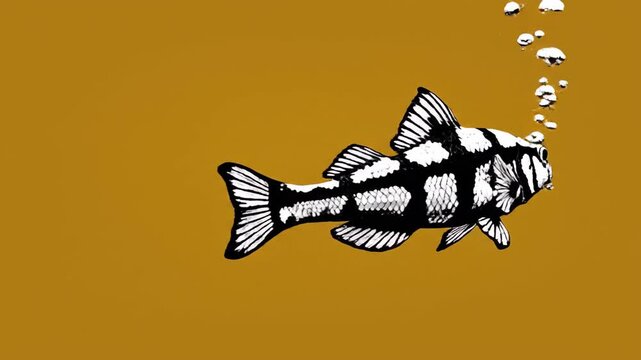 Black and White Fish Swimming Underwater with Bubbles Rising to the Surface against a Brown Background