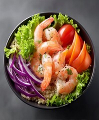 Vibrant shrimp and quinoa bowl loaded with crisp vegetables on a dark background, ideal for healthy eating campaigns, restaurant menus, or nutrition blogs.