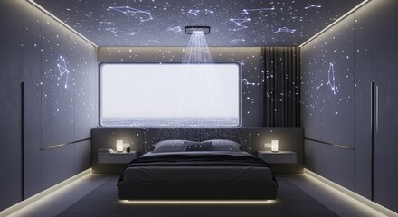 Modern Futuristic Bedroom with Celestial Star and Constellation Projections, Ambient Lighting, and Urban City View