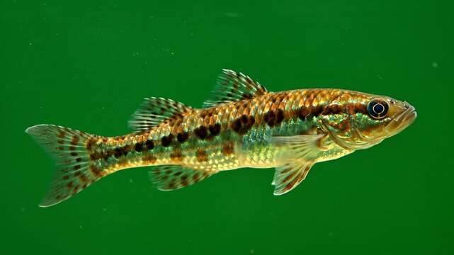 Underwater view of a colorful fish with vibrant fins swimming in a green aquatic environment