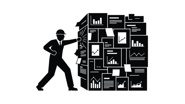 Businessman struggling to manage complex data wall and information overload silhouette