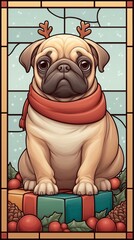 Adorable holiday pug illustration wearing a cozy scarf and antlers, sitting among presents and greenery, perfect for Christmas cards, posters, or seasonal branding.