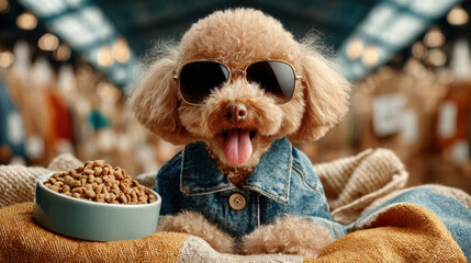 Stylish poodle wearing a denim vest and sunglasses choosing dog food at a pet store.Poodle dog wearing sunglasses shopping for pet food. 