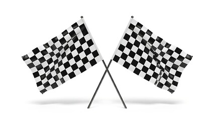 Triumphant crossed checkered flags with soft shadows on a minimalist white floor, perfect for sports or automotive themes