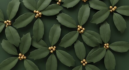 Elegant seamless pattern of deep green holly leaves with clusters of golden berries on dark background