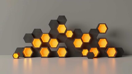 Abstract honeycomb structure made of dark hexagons with inner glowing orange light