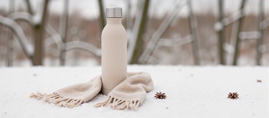 A thermos next to a wool scarf in a winter setting on the snow with Copy Space