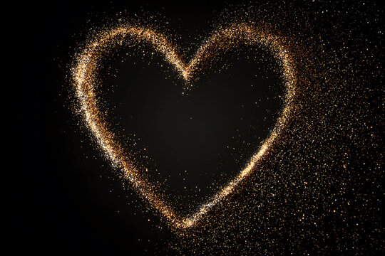 gold heart shape, Golden glitter overlay with sparkling dust particles isolated on black background for design