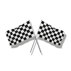 Classic checkered racing flags in black and white colors crossing over each other on a neutral white background.