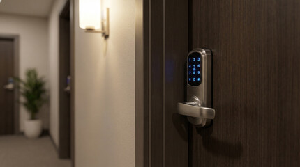 A dark wooden door boasts a gleaming silver keypad lock. The light casts long shadows down the hallway. A plant rests near another door.