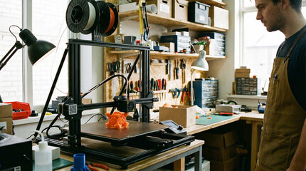 A man in an apron observes a 3d printer as it creates a small, complex orange object. Tools and supplies line the shelves of his workshop, which is lit by natural light.