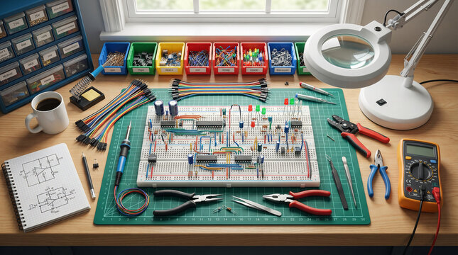 A workbench shows tools arranged on a cutting mat, along with a breadboard circuit, colored wires, components, a notepad, and a cup of coffee, bathed in gentle sunlight.