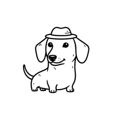 Vector illustration of a dachshund dog in a hat in doodle style on a white background.