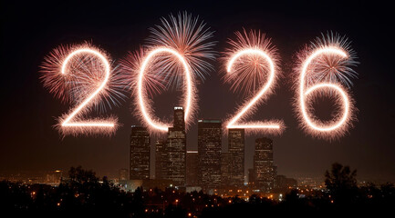 Sparkling numerals hover above sprawling metropolis marking fresh calendar beginning festivities.