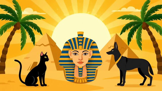 Egypt travel background with sphinx pyramids and black cats in desert