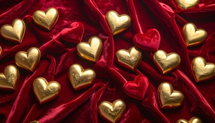 豪華な赤のベルベットと金箔のハート背景：バレンタインや結婚式の高級感あふれるデザイン素材