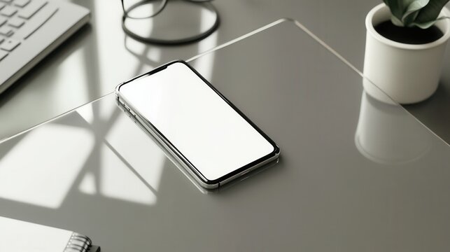 smartphone on glossy desk surface, leftaligned blank screen, soft natural light casting geometric shadows, subtle potted plant and keyboard corner, reflective tabletop creating modern minimalist