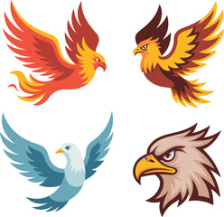Obraz premium Majestic flying phoenix fire bird eagle head and soaring blue dove vector mascot set.