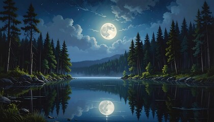 A serene moonlit lake scene reflects the full moon amidst dark pine forests and soft, billowy clouds. The night sky is deep blue