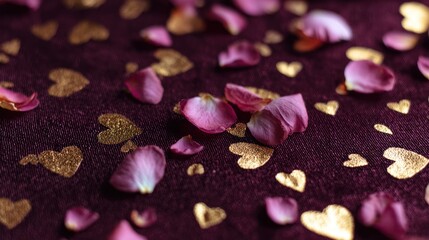 deep burgundy crushed velvet with scattered pink rose petals and gold foil hearts. Luxurious Valentine's Day background