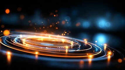 Futuristic digital circuit with glowing orange and blue light trails, spiral pattern formation, technology concept background, bokeh effect and depth of field defocused, with copy - Powered by Adobe