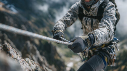 Detailed close-up of a belay device threaded with rope, gloved hands controlling friction, metallic surfaces catching sunlight, blurred mountainous background, climbing safety syst