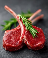 Close-up of two uncooked lamb racks garnished with a sprig of rosemary on a dark slate surface, showcasing rich color and texture perfect for menus and food marketing.