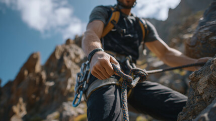 Detailed close-up of hands performing final belay check, carabiner locked, rope correctly threaded, harness secure, blurred natural rock landscape behind, rock climbing bindings an