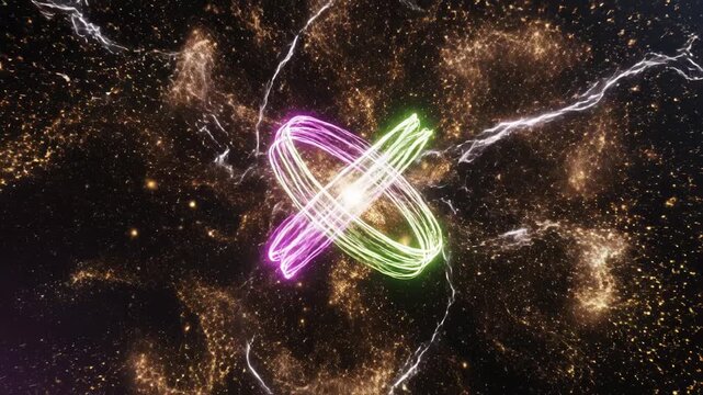 Neon atom with glowing rings and lightning on dark background
