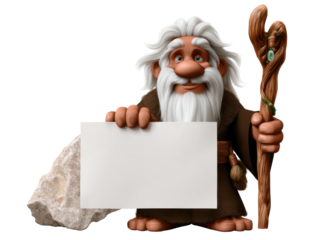 Cartoon wizard with blank sign and staff