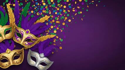 華やかな背景に浮かぶマスカレードマスクと紙吹雪の盛大な祝祭