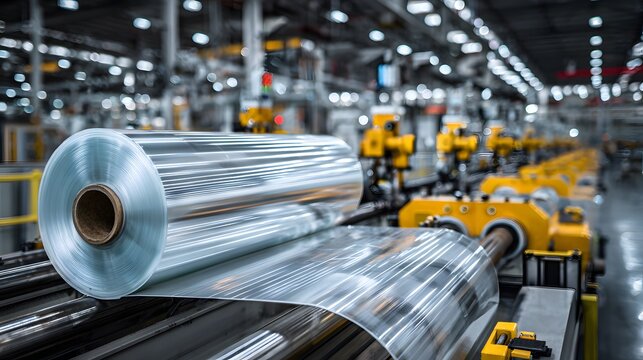 Large roll of clear plastic film sits on an industrial machine in a clean manufacturing environment illuminated by bright factory lighting.