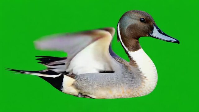 Northern Pintail Duck Flapping Wings in Flight Against Green Screen Background, Chroma Key Isolated Wildlife