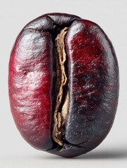 Highly detailed macro of a glossy roasted coffee bean with rich reddish-brown tones, perfect for packaging, cafe branding, or concepts of aroma, energy, and quality.