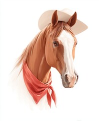 Charming illustration of a brown horse wearing a cowboy hat and red bandana on white, blending western character and warmth for children?s decor, branding, or story art.