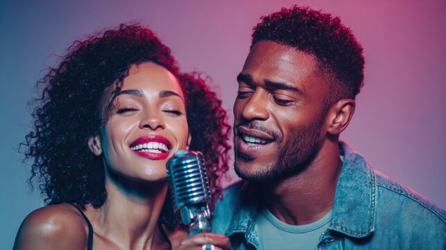 Happy couple singing together into a vintage microphone with eyes closed